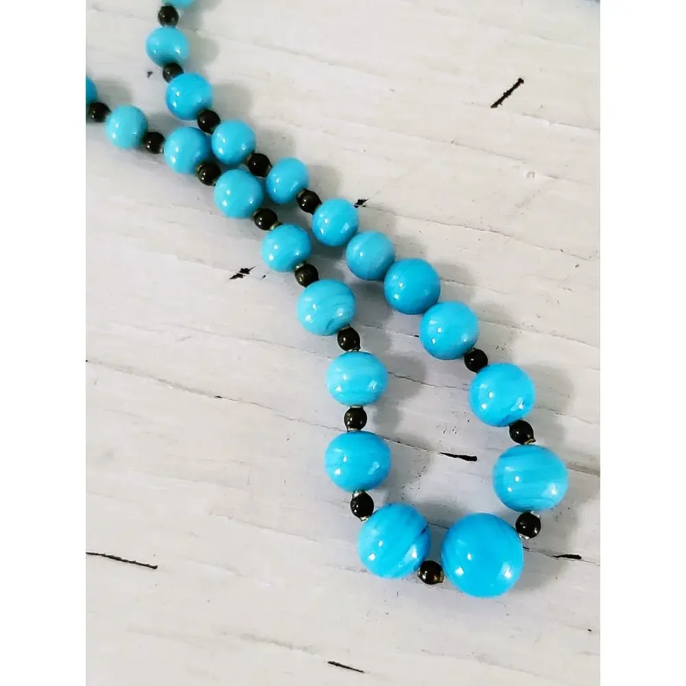 Vintage Czechoslovakia Blue Glass Graduated Bead Necklace with Crystal Box Clasp
